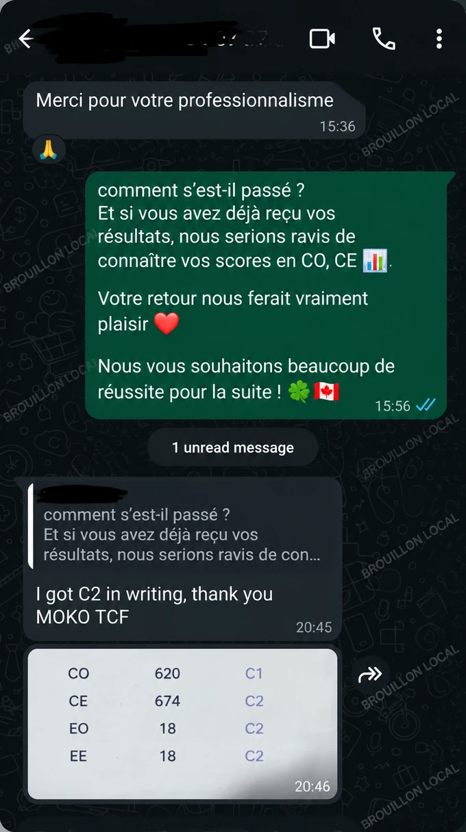 Résultats TCF Quebec de Bilal Khan, informations personnelles masquées