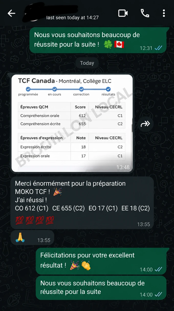 Résultats TCF Canada de Chinedu Okafor, informations personnelles masquées