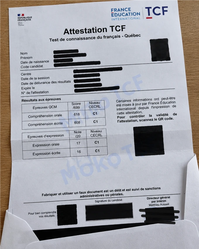 Résultats TCF Quebec de Issa Toure, informations personnelles masquées