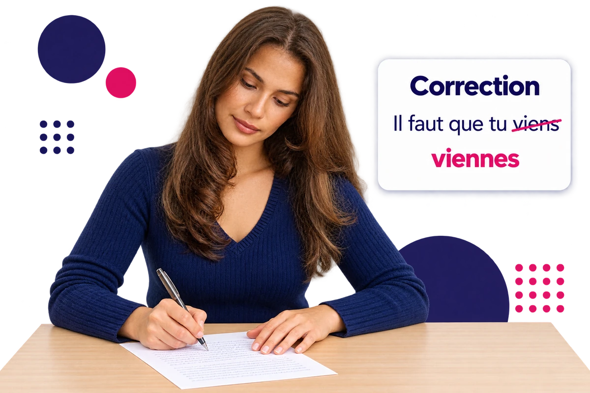 Candidate qui rédige, avec une correction ciblée de sa phrase