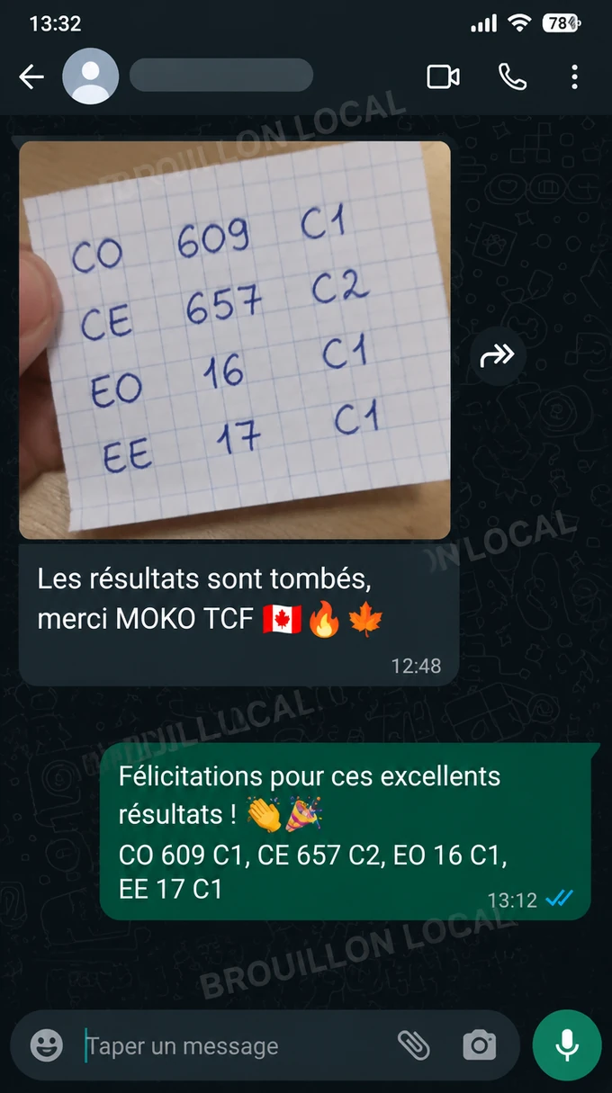 Résultats TCF Quebec de Grace Njoroge, informations personnelles masquées