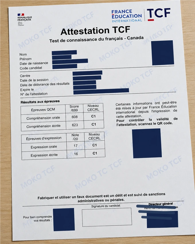 Résultats TCF Canada de Amina Said, informations personnelles masquées