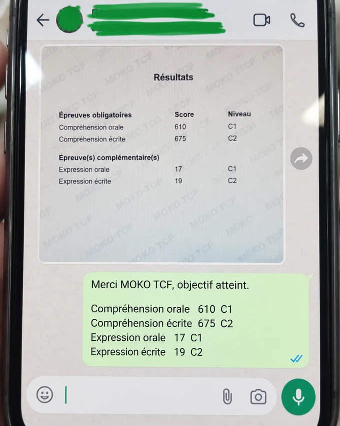 Résultats TCF Canada de Fatoumata Keita, informations personnelles masquées