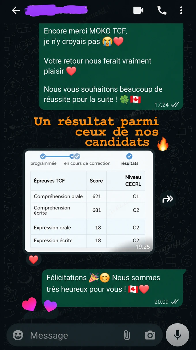 Résultats TCF Canada de Yuki Tanaka, informations personnelles masquées
