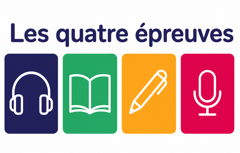 Les quatre épreuves du TCF représentées par leurs pictogrammes