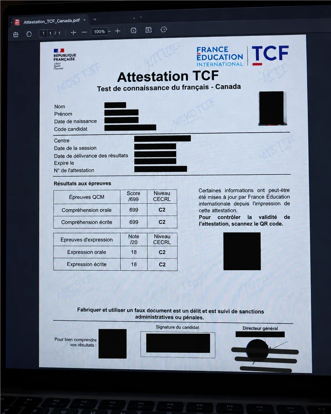 Résultats TCF Canada de Lina Haddad, informations personnelles masquées