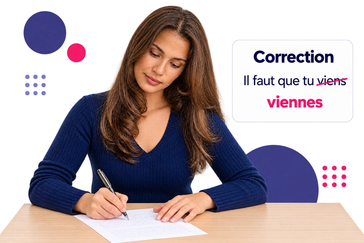 Candidate qui rédige, avec une correction ciblée de sa phrase
