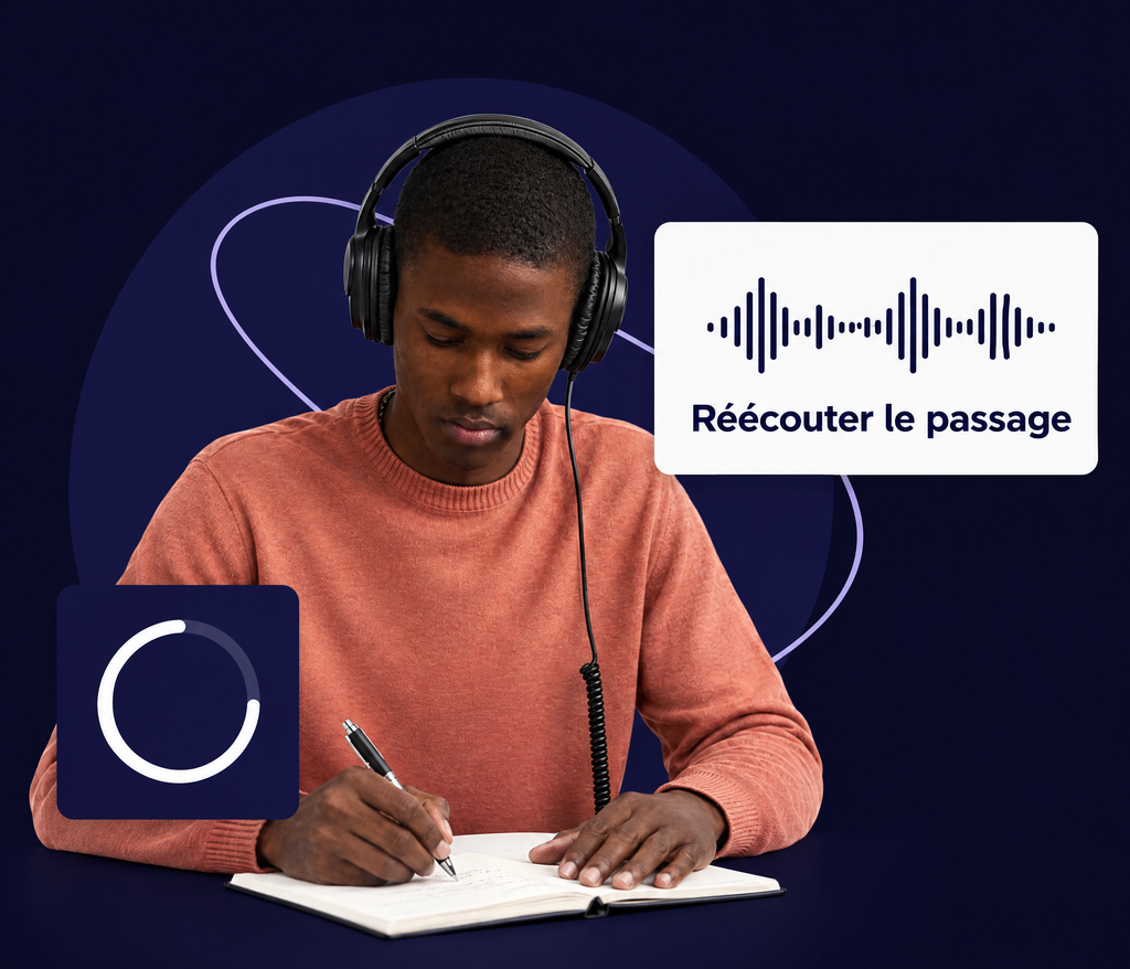Candidat au casque qui réécoute un passage et prend des notes