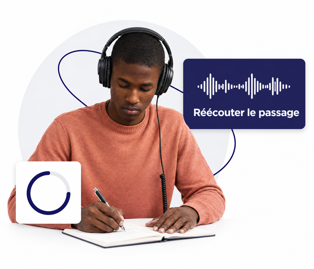 Candidat au casque qui réécoute un passage et prend des notes