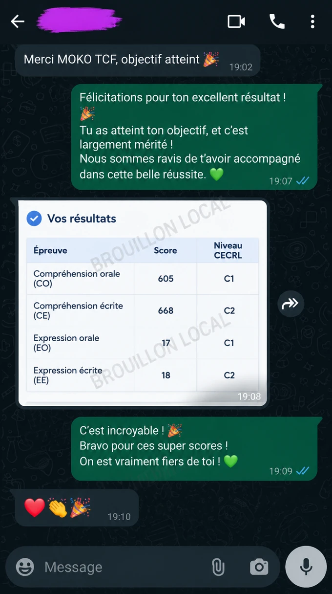 Résultats TCF Canada de Nguyen Thanh, informations personnelles masquées
