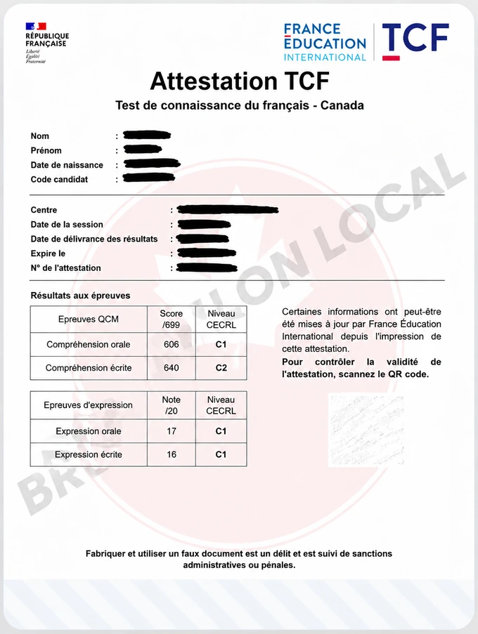Résultats TCF Quebec de Farid Rahimi, informations personnelles masquées