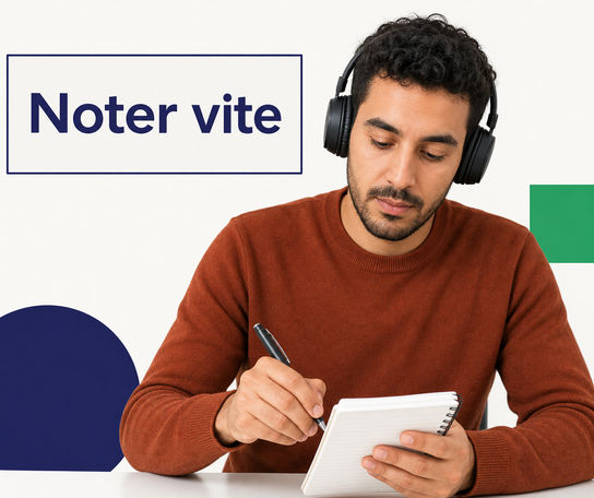 Candidat prenant rapidement des notes pendant une compréhension orale du TCF
