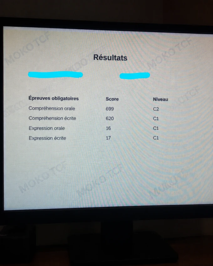 Résultats TCF Canada de Daniela Pereira, informations personnelles masquées