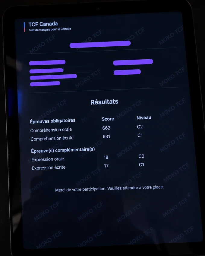Résultats TCF Canada de Rosine Uwimana, informations personnelles masquées