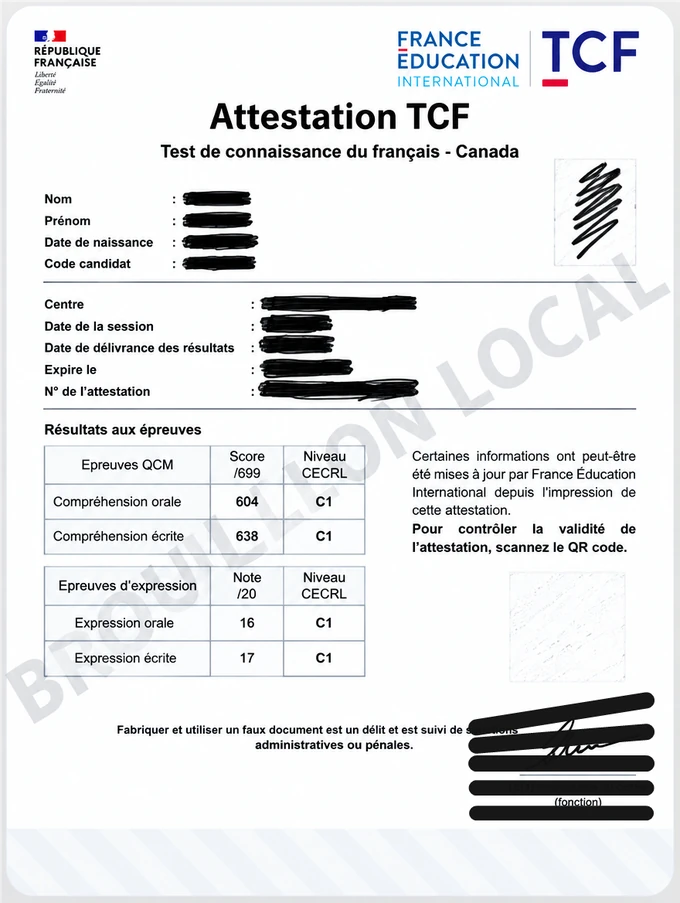 Résultats TCF Quebec de Reza Moradi, informations personnelles masquées