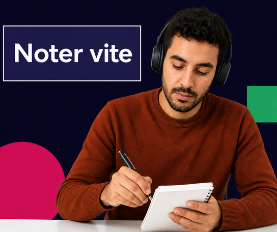 Candidat prenant rapidement des notes pendant une compréhension orale du TCF