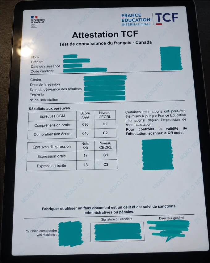 Résultats TCF Canada de Noura El Hassan, informations personnelles masquées