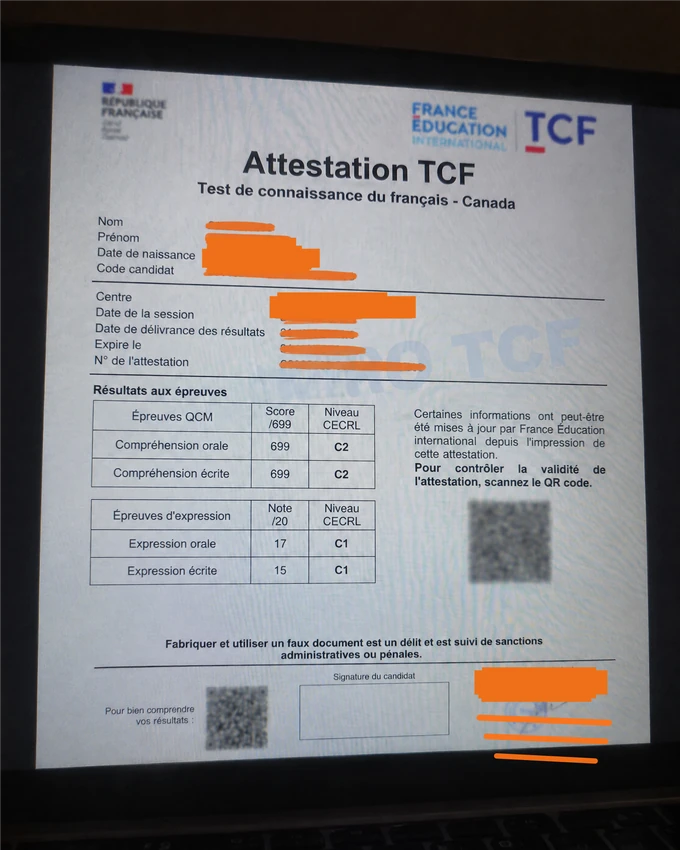 Résultats TCF Canada de Aissatou Diallo, informations personnelles masquées