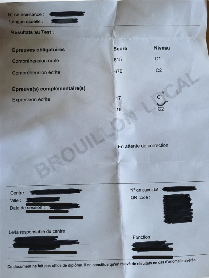 Résultats TCF Quebec de Petro Hrytsenko, informations personnelles masquées