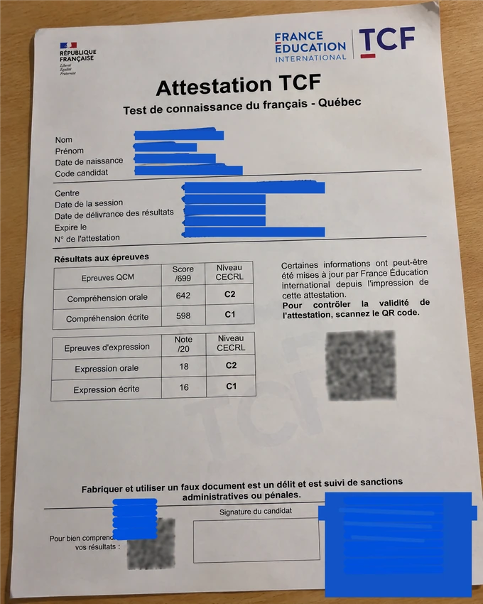 Résultats TCF Quebec de Yacine Amrani, informations personnelles masquées