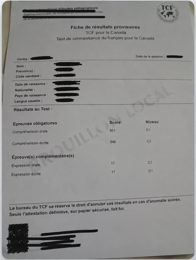Résultats TCF Canada de Elena Popescu, informations personnelles masquées
