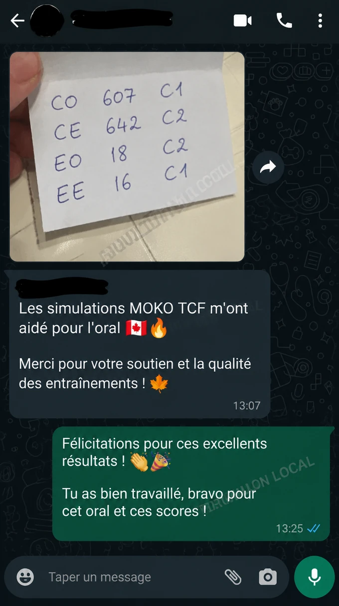 Résultats TCF Quebec de Brian Otieno, informations personnelles masquées