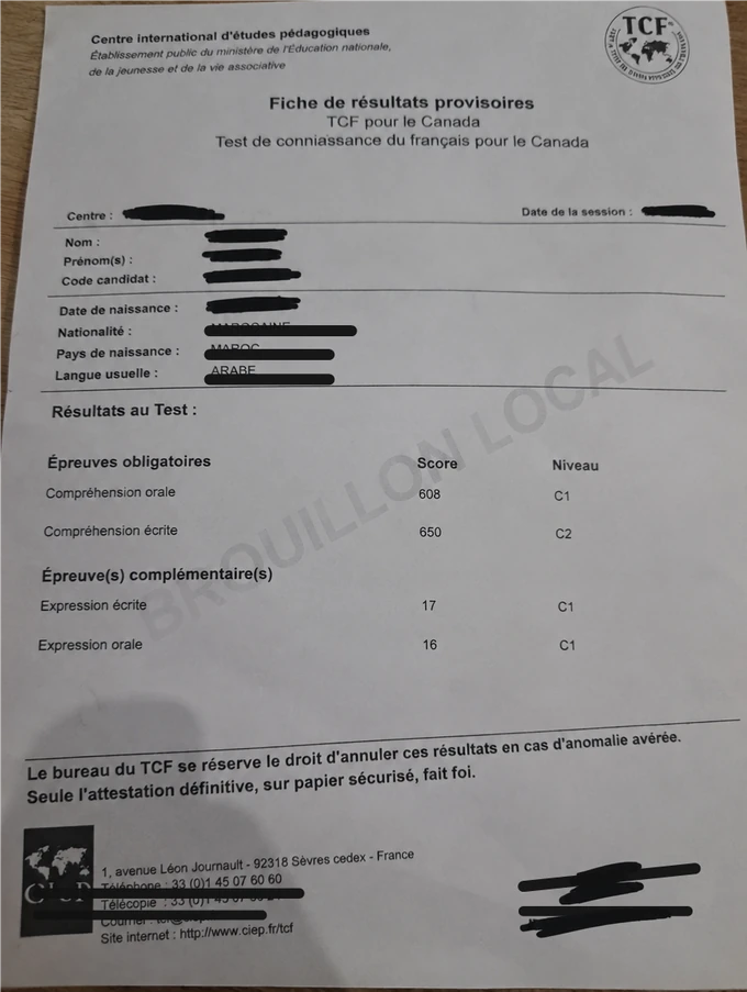 Résultats TCF Canada de Milena Novak, informations personnelles masquées