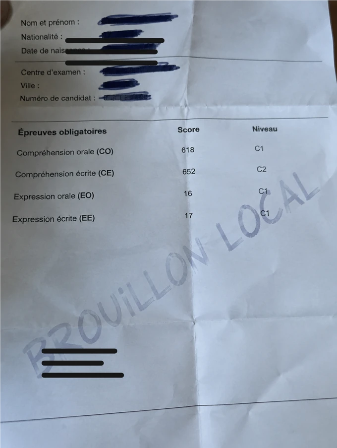 Résultats TCF Quebec de Andriy Kovalenko, informations personnelles masquées