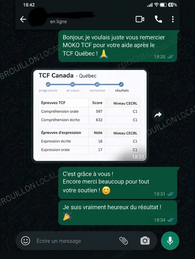Résultats TCF Quebec de Pablo Garcia, informations personnelles masquées