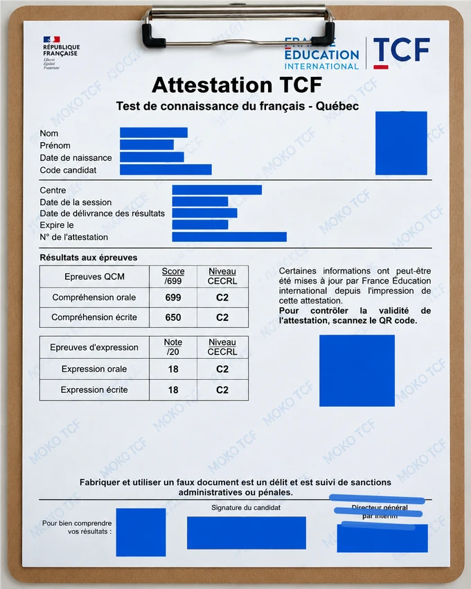 Résultats TCF Quebec de Ahmed Mahmoud, informations personnelles masquées