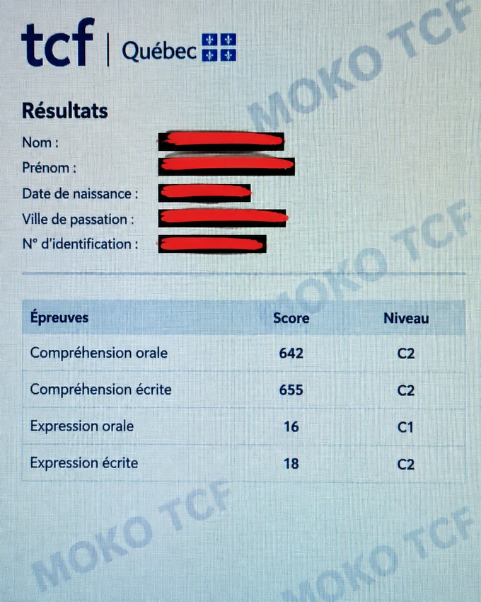 Résultats TCF Quebec de Kevin Mutombo, informations personnelles masquées