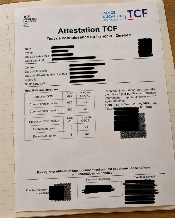 Résultats TCF Quebec de Hawa Barry, informations personnelles masquées