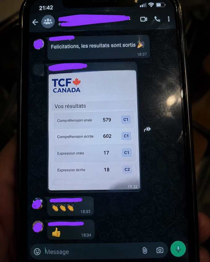 Résultats TCF Canada de Camila Rojas, informations personnelles masquées