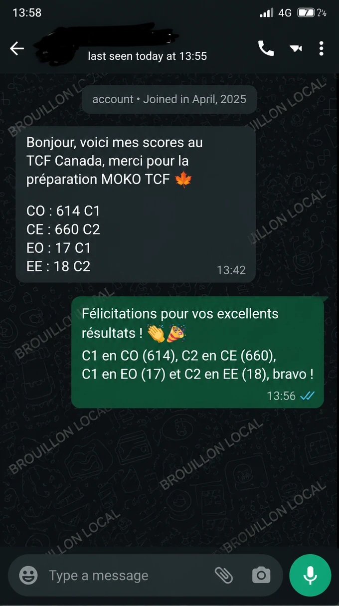 Résultats TCF Canada de Kwame Mensah, informations personnelles masquées