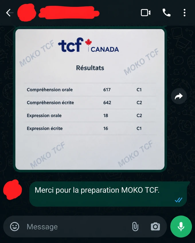 Résultats TCF Canada de Lucie Nshimirimana, informations personnelles masquées